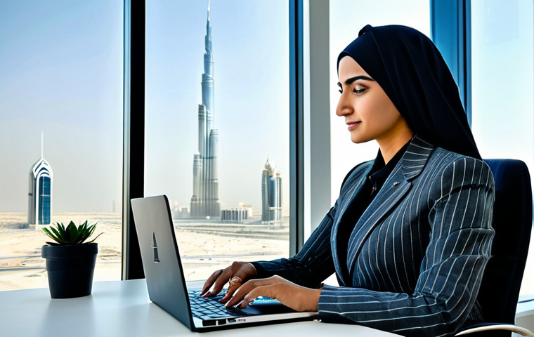**

A professional Arab businesswoman in a modern, fully clothed business suit, working on a laptop in a bright, contemporary office in Dubai. The background includes the Burj Khalifa seen through a large window.  Perfect anatomy, correct proportions, natural pose, well-formed hands, proper finger count, natural body proportions. Safe for work, appropriate content, fully clothed, professional attire. High quality, professional photography.

**