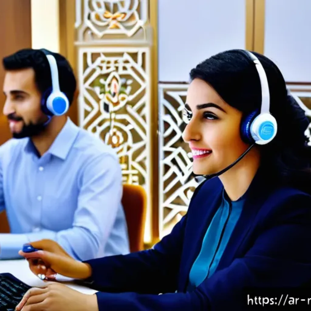 행동경제학과 소비자 불만 처리 전략 - A modern Middle Eastern customer service center with Arabic signage, showing a diverse team of profe...