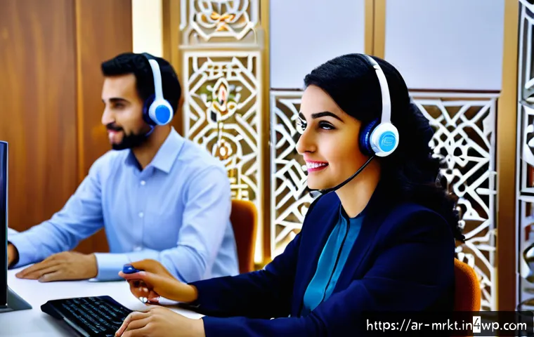 행동경제학과 소비자 불만 처리 전략 - A modern Middle Eastern customer service center with Arabic signage, showing a diverse team of profe...