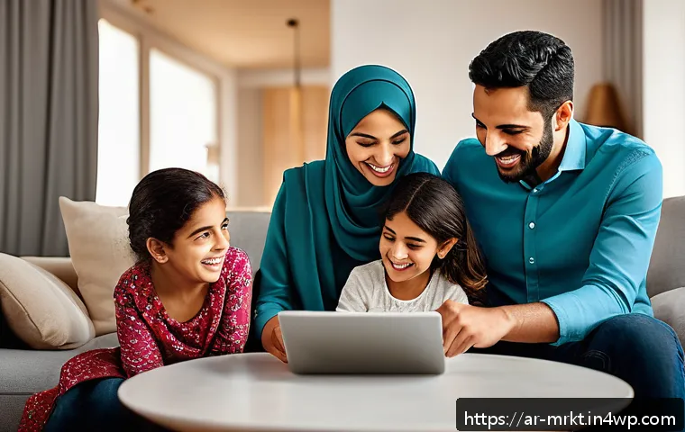 행동경제학과 브랜드 혁신의 연계 - A warm, inviting Middle Eastern family scene in a modern living room, showing a diverse Arab family ...