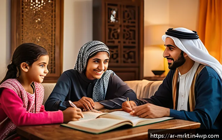 행동경제학과 스토리텔링의 관계 - A warm, inspiring scene of a Middle Eastern family gathered around a table in a cozy living room, li...