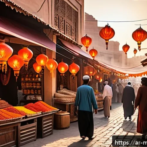 Home 31 행동경제학적 측면에서의 브랜드 이미지 구축 - A warm and inviting Middle Eastern marketplace scene at sunset, vibrant with rich reds and oranges s...