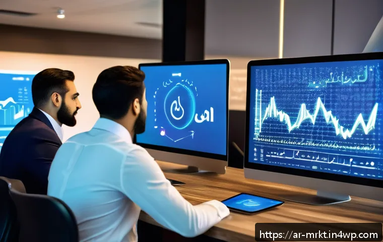 고객의 구매 결정 과정 이해하기 - A modern digital marketing workspace in an Arab office setting, featuring a diverse group of profess...