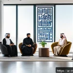 Home 23 행동경제학적 사고가 혁신에 미치는 영향 - A modern Arab business team in a sleek office setting, engaged in a creative brainstorming session. ...