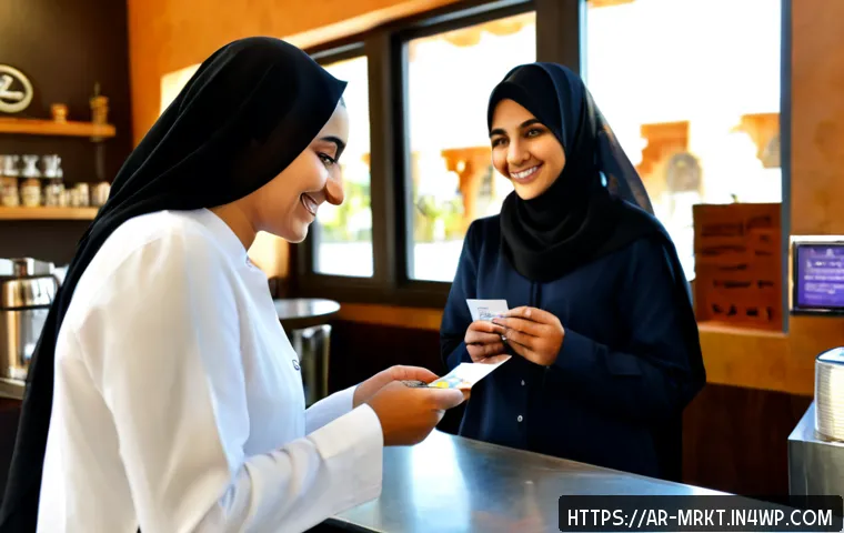 행동경제학을 통한 브랜드 충성도 강화 - Photorealistic modern café in a Gulf Arab city, a smiling Arab woman in elegant modest clothing rece...